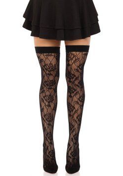 Панчохи Leg Avenue Wild rose net thigh highs, One Size, чорні, широка резинка, малюнок-троянди SX1042 фото