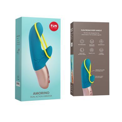 Мінівібратор-кролик зі стимулювальною стрічкою Fun Factory AMORINO petrol/neon yellow, стрічка знімна SX0947 фото