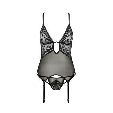 Корсет з декольте Passion ERZA CORSET XXL/XXXL, black, пажі, трусики, напівпрозорий PS26009 фото