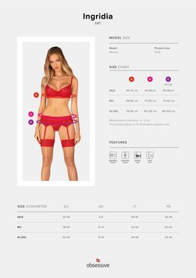 Комплект Obsessive Ingridia 3-pcs set XS/S, червоний, бюстгальтер, стрінги, пояс SO9034 фото