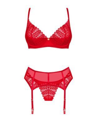 Комплект Obsessive Ingridia 3-pcs set XS/S, червоний, бюстгальтер, стрінги, пояс SO9034 фото