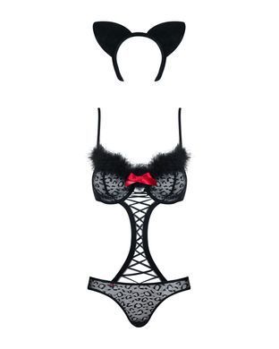 Еротичний костюм гепарду Obsessive Gepardina 3 pcs costume S/M, чорний, хутряне оздоблення, монокіні SO7276 фото