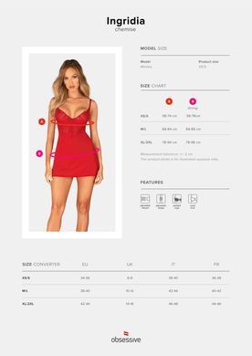 Пеньюар Obsessive Ingridia chemise & thong XS/S, червоний, сорочка, стрінги SO9036 фото