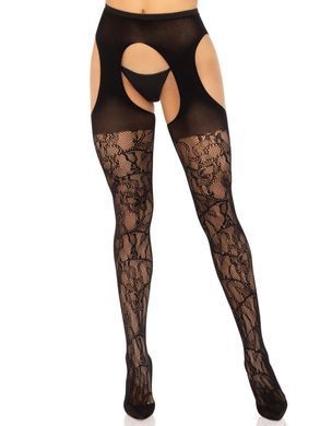 Стрип-колготки Leg Avenue Eyelet lace suspender hose, One Size, чорні, ажурні, з відкритим доступом SX1063 фото
