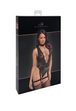 Боді Noir Handmade F297 Libido, S, чорне, мереживо, низ під латекс, відкритий доступ, гартери SX0219 фото