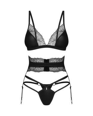 Комплект Obsessive Lobellis 3-pcs set, M/L, чорний, ліф з м&rsquo;якою чашкою, стрінги, пояс для панчіх SX1018 фото