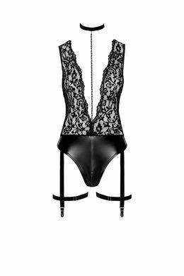 Боді Noir Handmade F297 Libido, XL, чорне, мереживо, низ під латекс, відкритий доступ, гартери SX0222 фото