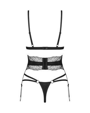 Комплект Obsessive Lobellis 3-pcs set, XL/2XL, чорний, ліф з м&rsquo;якою чашкою, стрінги, пояс для панчіх SX1019 фото