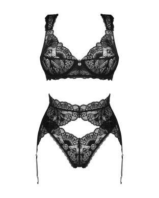Комплект білизни Obsessive Donna Dream 3-pcs set XL/2XL Black, бюстгальтер, стрінги, пояс для панчіх SO8638 фото