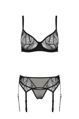 Комплект Passion LEAFA SET black, L/XL, мереживо+сітка, бюстгальтер на кісточках, стрінги, пояс для панчіх SX0509 фото
