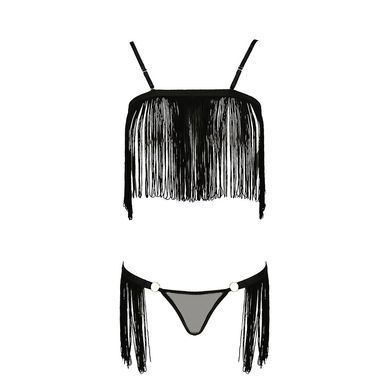 Комплект білизни Passion Exclusive KASSANDRA SET OpenBra S/M black, ліф з бахроми, трусики-спідниця PS26302 фото