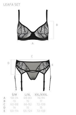 Комплект Passion LEAFA SET black S/M, мереживо+сітка, бюстгальтер на кісточках, стрінги, пояс для панчіх SX0510 фото