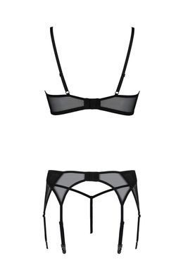 Комплект Passion LEAFA SET black S/M, мереживо+сітка, бюстгальтер на кісточках, стрінги, пояс для панчіх SX0510 фото