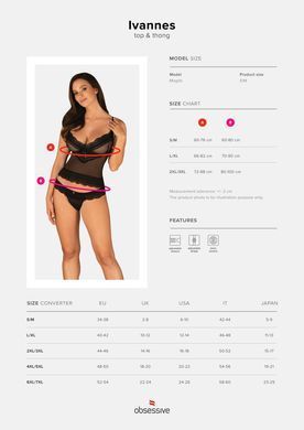 Напівпрозорий набір з прикрасами Obsessive Ivannes top & thong S/M, чорний, топ та танга SO7283 фото
