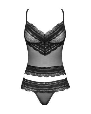 Напівпрозорий набір з прикрасами Obsessive Ivannes top & thong L/XL, чорний, топ та танга SO7284 фото