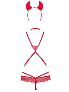 (SALE) Еротичний костюм чортика зі стреп Obsessive Evilia teddy red L/XL, боді, чокер, накладки на соски, о SO7707 фото