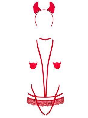 (SALE) Еротичний костюм чортика зі стреп Obsessive Evilia teddy red L/XL, боді, чокер, накладки на соски, о SO7707 фото