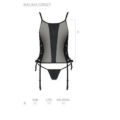 Сітчастий корсет з люверсами та знімними пажами Passion MALWIA CORSET L/XL black, екошкіра, стрінги SO5765 фото