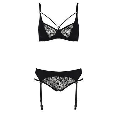 Комплект білизни Passion PAULINE SET XXL/XXXL, black, стрепи, ліф, стрінги і пояс для панчох EL15806 фото