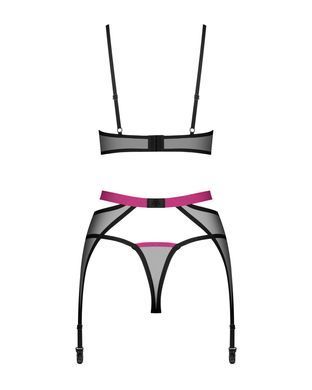 Комплект Obsessive Novenes 3-pcs set, XS/S, прозорий ліф на кісточках, стрінги, пояс SX0616 фото