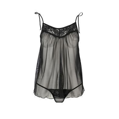 Сорочка прозора бебі-дол Passion MELANIA CHEMISE L/XL, black, трусики, на тонких бретелях EL16304 фото