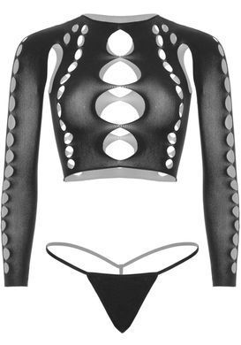 Комплект безшовної білизни Leg Avenue Long sleeve crop top & string Black, One Size, топ, стрінги SO9098 фото