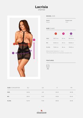 Напівпрозора сорочка з відкритими грудьми Obsessive Lacrisia chemise XL/2XL, чорна, з чокером SO7288 фото