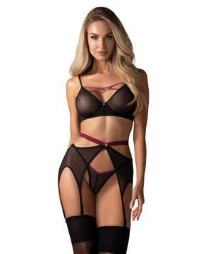 Комплект Obsessive Novenes 3-pcs set, XL/2XL, прозорий ліф на кісточках, стрінги, пояс SX0618 фото