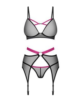 Комплект Obsessive Novenes 3-pcs set, XL/2XL, прозорий ліф на кісточках, стрінги, пояс SX0618 фото