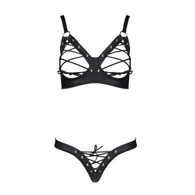 Комплект з екошкіри Passion CELINE BIKINI 6XL/7XL black, відкритий бра, стрінги зі шнурівкою SO7058 фото