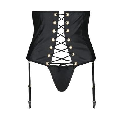 Пояс-корсет з екошкіри Passion CELINE SET with Open Bra 4XL/5XL, black, шнурівка, пажі, стрінги SO7063 фото