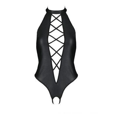 Боді з екошкіри Passion NANCY BODY 4XL/5XL black, з імітацією шнурівки та відкритим доступом SO7104 фото