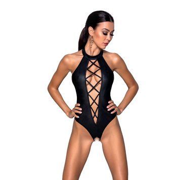 Боді з еко-шкіри з імітацією шнурівки та відкритим доступом Passion NANCY BODY L/XL, black SO5370 фото