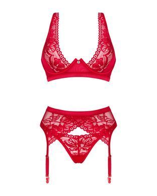 Комплект білизни Obsessive Lacelove cupless 3-pcs set M/L Red, бюстгальтер, стрінги, пояс для панчіх SO8656 фото