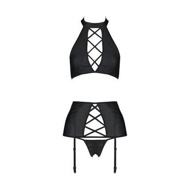 Комплект із екошкіри Passion NANCY SET 6XL/7XL black, імітація шнурівки, топ, пояс для панчіх SO7107 фото