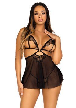 Сорочка бебі-дол з відкритими чашками Leg Avenue Lace and mesh babydoll & panty Black S, стрінги SO9163 фото