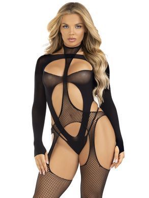 Бодістокінг 2 в 1 Leg Avenue Bodystocking with cutout teddy, One Size, чорний, панчохи-сітки і тедді SX1087 фото