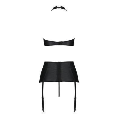 Комплект з еко-шкіри з імітацією шнурівки Passion NANCY SET S/M black топ, трусики, пояс для панчіх SO5374 фото