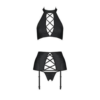 Комплект з еко-шкіри з імітацією шнурівки Passion NANCY SET S/M black топ, трусики, пояс для панчіх SO5374 фото
