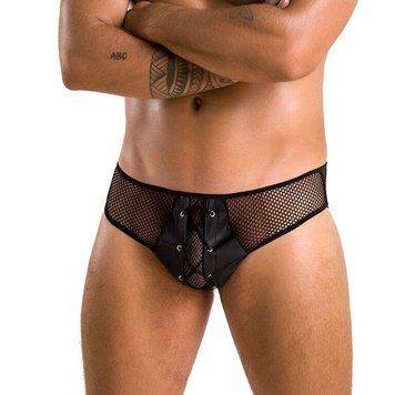 Чоловічі труси зі шнурівкою Passion 035 SLIP RICHARD L/XL Black, екошкіра, сітка SO7576 фото