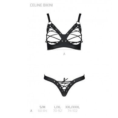 Комплект з екошкіри Passion CELINE BIKINI L/XL black, відкритий бра зі стрічками, стрінги SO6400 фото