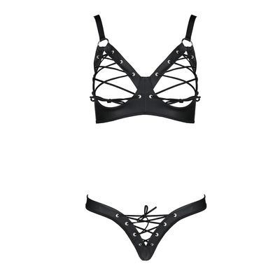 Комплект з екошкіри Passion CELINE BIKINI S/M black відкритий бра зі стрічками, стрінги зі шнурівкою SO6401 фото