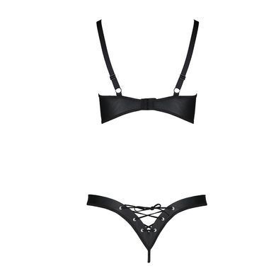 Комплект з екошкіри Passion CELINE BIKINI S/M black відкритий бра зі стрічками, стрінги зі шнурівкою SO6401 фото