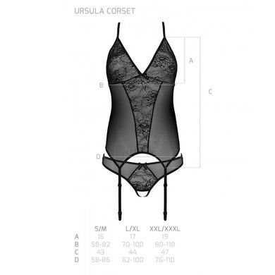 Корсет із пажами, трусики з ажурним декором та відкритим кроком Passion URSULA CORSET L/XL, black SO5835 фото
