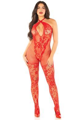 Бодістокінг Leg Avenue Seamless Net and Lace Lingerie Jumpsuit One Size, Red SX1758 фото