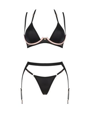 Комплект білизни Obsessive Selinne 3-pcs set M/L Black, бюстгальтер, стрінги пояс для панчіх SO8668 фото