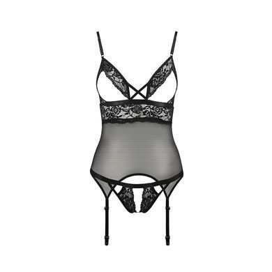 Корсет з відкритими грудьми Passion DIABOLINA CORSET XXL/XXXL, black, пажі, трусики, напівпрозорий PS25806 фото
